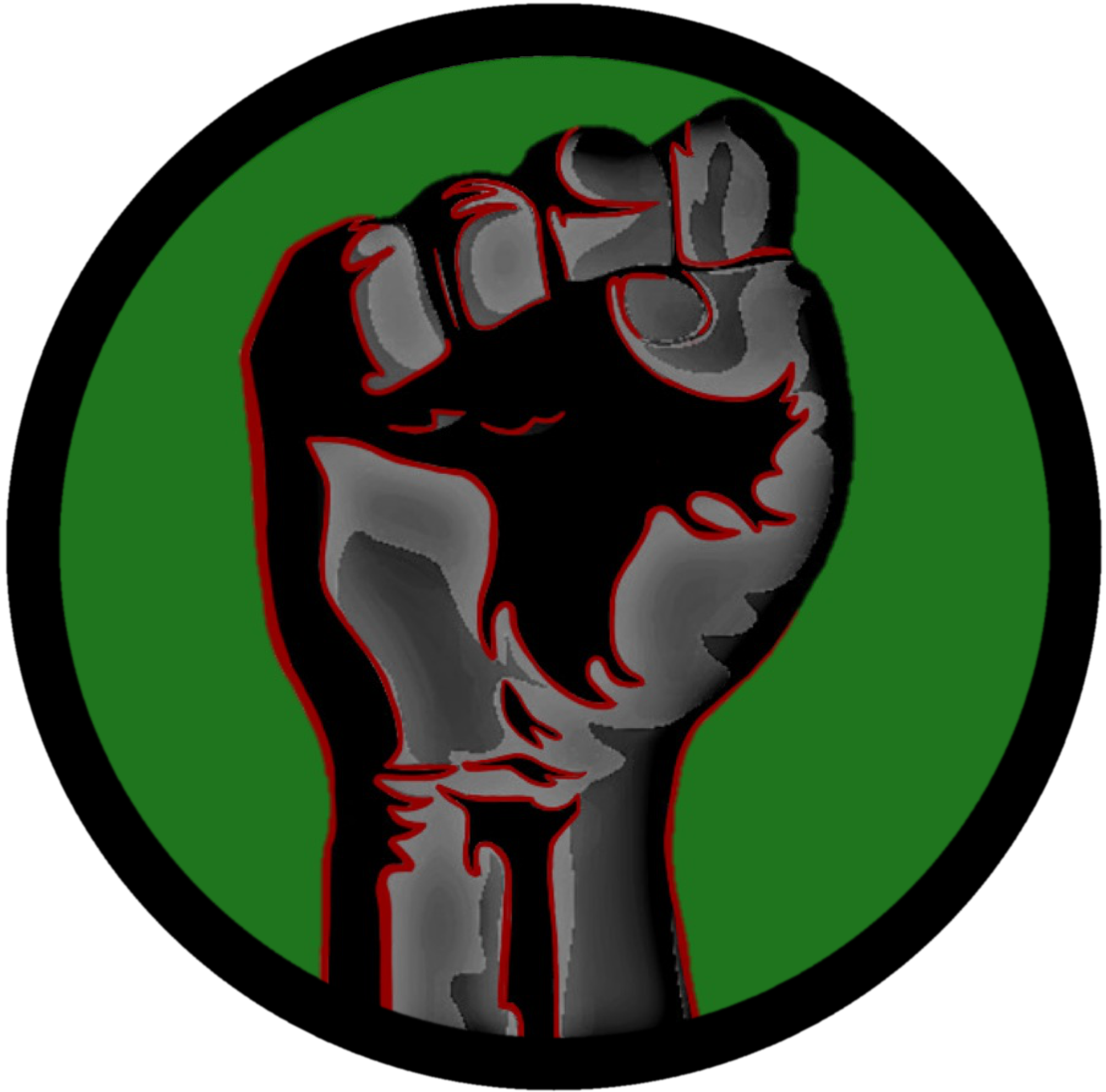 solidarity fist that is black and grey, with a red outline. Inside of a green circle with black outline